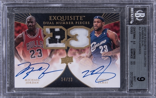 2007-08 UD "Exquisite Collection" Numbers Dual #JJ Michael Jordan/LeBron James Dual-Signed Game Used Patch Card (#14/23) – BGS MINT 9/BGS 10